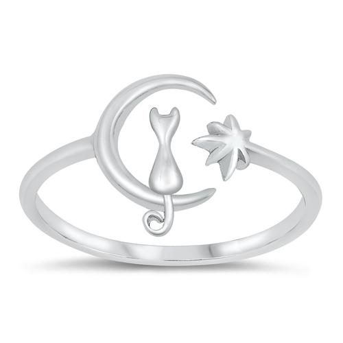 Sterling Silver Rhodium Plated Cat On The Moon Ring