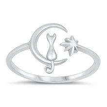 Load image into Gallery viewer, Sterling Silver Rhodium Plated Cat On The Moon Ring