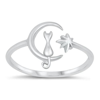 Sterling Silver Rhodium Plated Cat On The Moon Ring