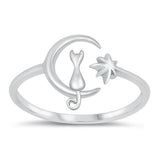 Sterling Silver Rhodium Plated Cat On The Moon Ring