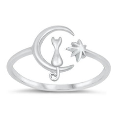 Sterling Silver Rhodium Plated Cat On The Moon Ring