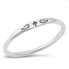 Sterling Silver Oxidized Cross and Wings Ring