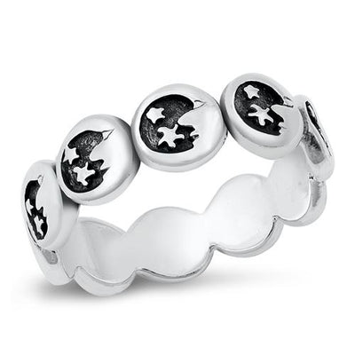 Sterling Silver Oxidized Crescent Moon and Stars Ring