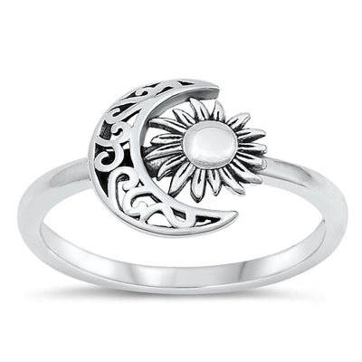 Sterling Silver Oxidized Crescent Moon And Stars Shape Ring