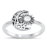 Sterling Silver Oxidized Crescent Moon And Stars Shape Ring