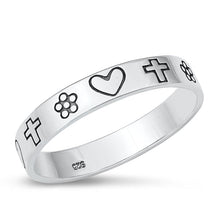 Load image into Gallery viewer, Sterling Silver Oxidized Heart, Cross, Flower Ring