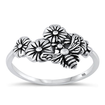 Sterling Silver Oxidized Flowers And Bee Ring