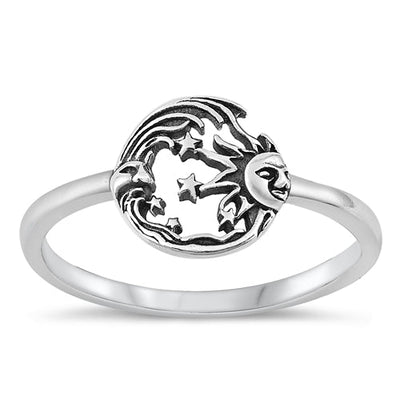 Sterling Silver Oxidized Moon, star and Sun Ring