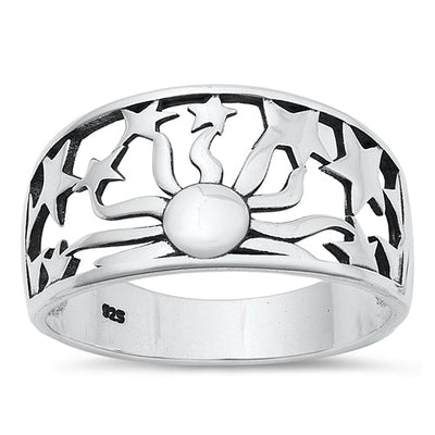 Sterling Silver Oxidized 11.4mm Sun and Stars Ring