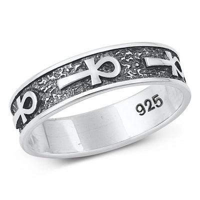 Sterling Silver Oxidized Ankh Plain Ring Face Height-5.6mm