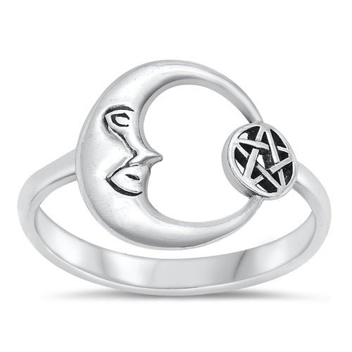 Sterling Silver Oxidized Moon And Pentacle Ring