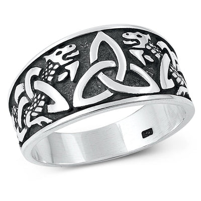 Sterling Silver Oxidized Triquetra and Dragon Plain Ring Face Height-11.8mm