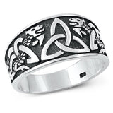 Sterling Silver Oxidized Triquetra and Dragon Plain Ring Face Height-11.8mm