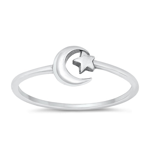 Sterling Silver Oxidized Moon and Star Plain Ring Face Height-6.6mm