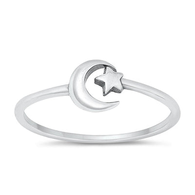 Sterling Silver Oxidized Moon and Star Plain Ring Face Height-6.6mm