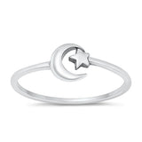 Sterling Silver Oxidized Moon and Star Plain Ring Face Height-6.6mm