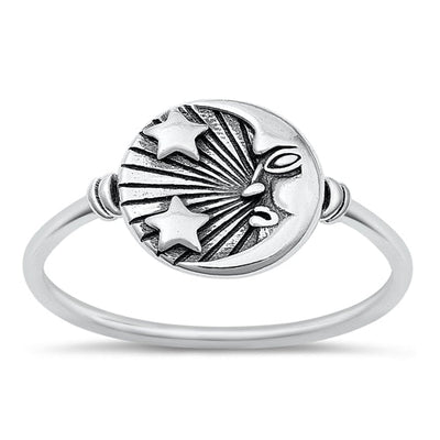 Sterling Silver Oxidized Moon and Stars Plain Ring Face Height-10.5mm