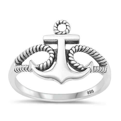 Sterling Silver Oxidized Anchor Plain Ring Face Height-14.9mm