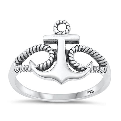 Sterling Silver Oxidized Anchor Plain Ring Face Height-14.9mm