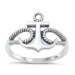 Sterling Silver Oxidized Anchor Plain Ring Face Height-14.9mm