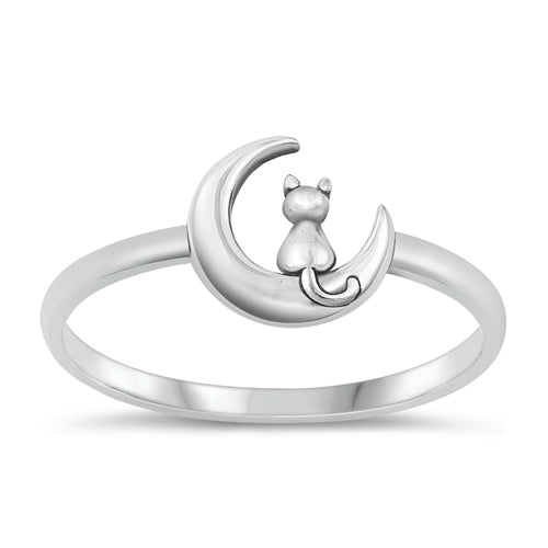 Sterling Silver Oxidized Cat And Moon Plain Ring Face Height-8.4mm