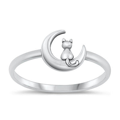 Sterling Silver Oxidized Cat And Moon Plain Ring Face Height-8.4mm