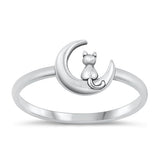 Sterling Silver Oxidized Cat And Moon Plain Ring Face Height-8.4mm