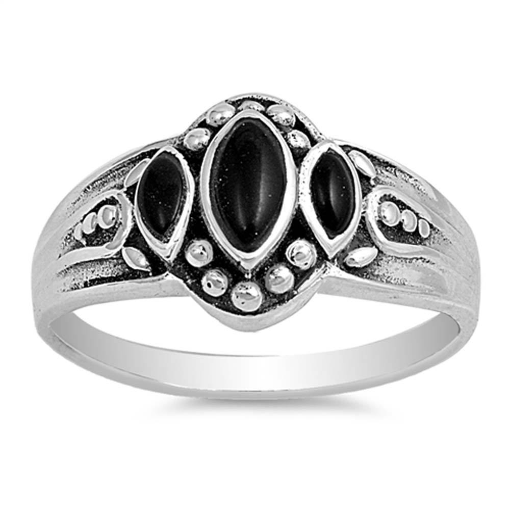 Sterling Silver Antique Style Three Marquise Cut Black Stone Fancy Band Ring with Face Height of 11MMAnd Band Width: 2MM