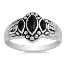 Load image into Gallery viewer, Sterling Silver Antique Style Three Marquise Cut Black Stone Fancy Band Ring with Face Height of 11MMAnd Band Width: 2MM