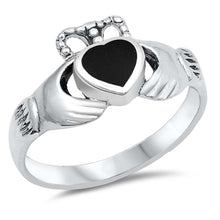 Load image into Gallery viewer, Sterling Silver Fancy Black Stone Claddagh Ring with Face Height of 10MMAnd Band Width: 2MM