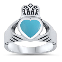 Load image into Gallery viewer, Sterling Silver With Turquoise Cubic Zirconia Calddagh Stone RingAnd Face Height 18mmAnd Band Width 3mm