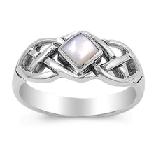 Load image into Gallery viewer, Sterling Silver Diamond Shaped Mother of Pearl with Celtic Knot Design RingAnd Face Height of 8MMAnd Band Width: 2MM