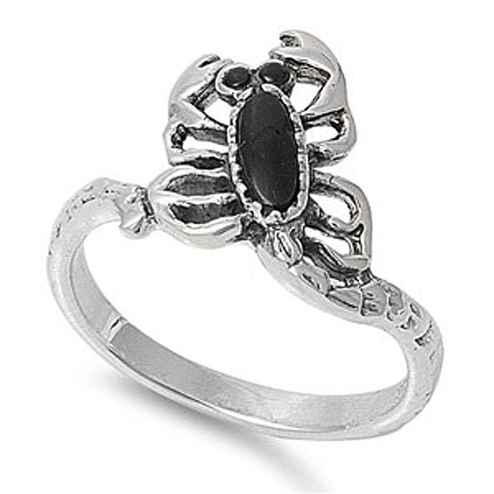 Sterling Silver Fancy Scorpion Design Inlaid with Black Stone RingAnd Face Height of 13MM