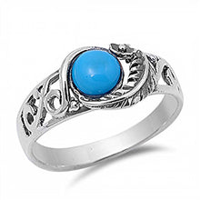 Load image into Gallery viewer, Sterling Silver Round Turquoise Stone with Leaf and Flower Vine Design Fancy Band RingAnd Face Height of 10MM