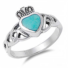 Load image into Gallery viewer, Sterling Silver Modish Celtic Knot Turquoise Stone Claddagh Heart Ring with Face Height of 11MM