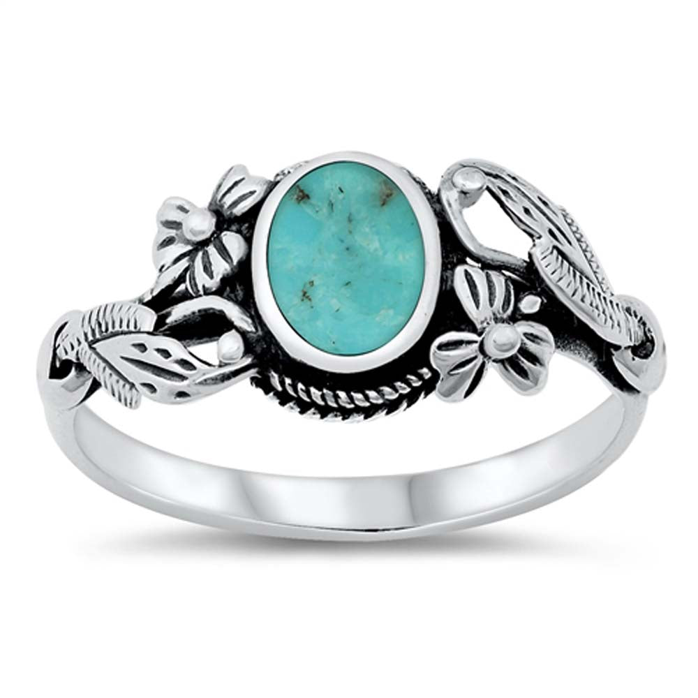 Sterling Silver Simulated 9mm Flower Turquoise Stone Ring