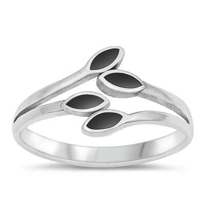 Sterling Silver Oxidized 10.8mm Leaves Black Agate Stone Ring