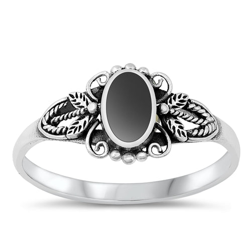 Sterling Silver Crown Oval Black Agate Stone Ring