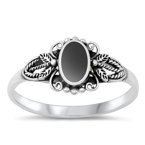 Sterling Silver Crown Oval Black Agate Stone Ring