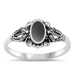 Sterling Silver Crown Oval Black Agate Stone Ring