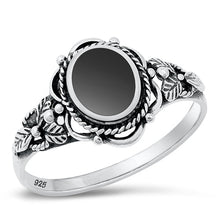 Load image into Gallery viewer, Sterling Silver Flower Oval Black Agate Stone Ring