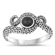 Load image into Gallery viewer, Sterling Silver Oxidized Octopus Black Agate Stone Ring