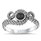Sterling Silver Oxidized Octopus Black Agate Stone Ring