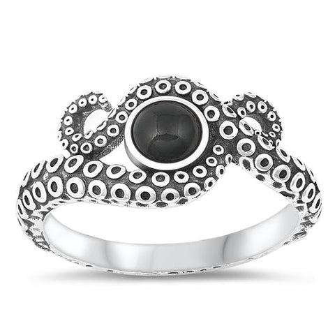Sterling Silver Oxidized Octopus Black Agate Stone Ring