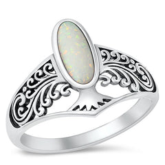 Sterling Silver Oxidized Oval Tree White Lab Opal Ring