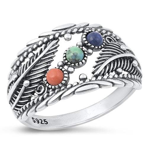 Sterling Silver Oxidized Black Agate, Turquoise, Carnelian Ring