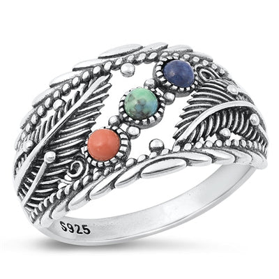 Sterling Silver Oxidized Black Agate, Turquoise, Carnelian Ring