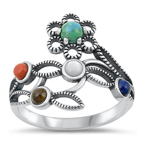 Sterling Silver Oxidized Multi-Stone Ring-19.2mm