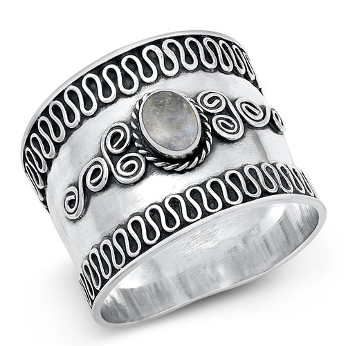 Sterling Silver Oxidized Moonstone Bali Ring