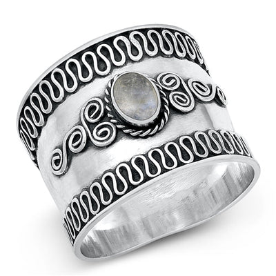 Sterling Silver Oxidized Moonstone Bali Ring